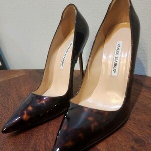 Manolo Blahnik Tortoise Shell Brown High Heel Pumps Patent Leather Sz 7 Superb
